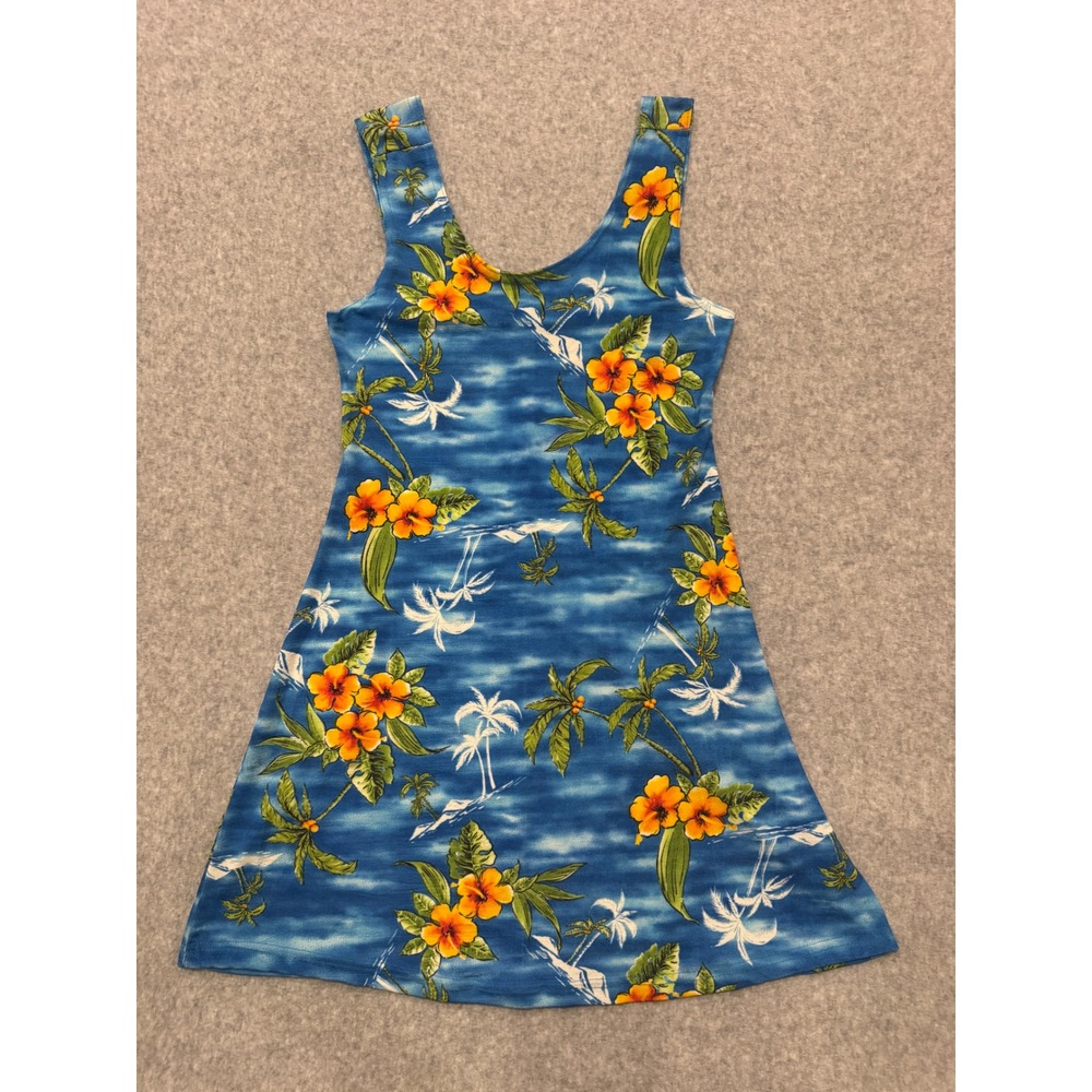Vintage Tropical Hibiscus Palm Tree Blue Mini Dress Womens Medium Made in USA